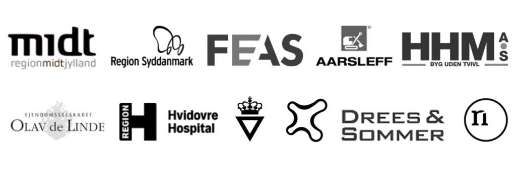 Region Midtjylland, Region Syddanmark, FEAS, Aarsleff, HHM, Olav de Linde, Hvidovre Hospital, Vejdirektoratet, Drees & Sommer logos